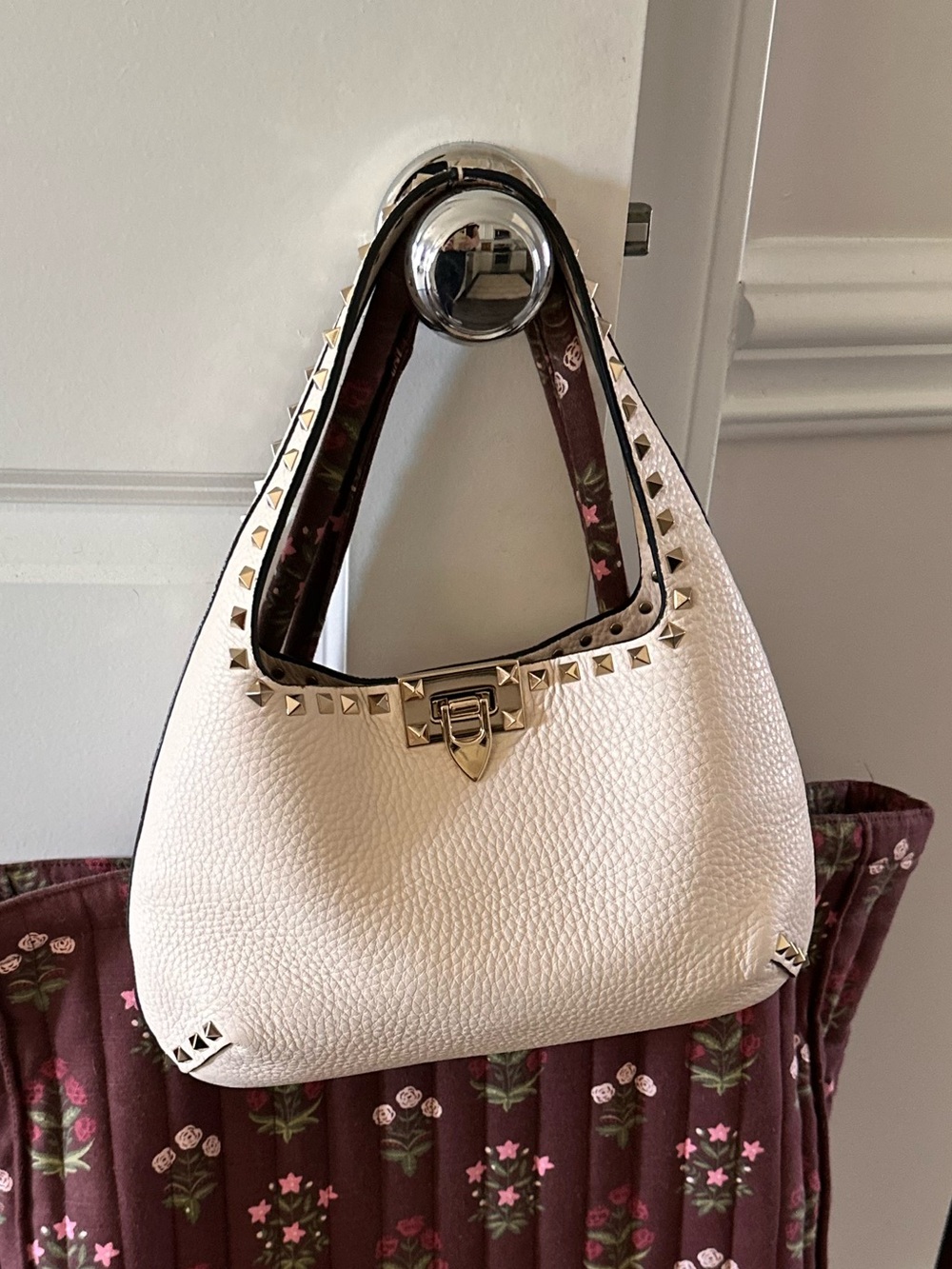 Valentino Garavani Ivory Leather Shoulder Bag with Studs